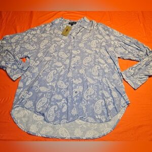 Streetwear Society Long Sleeve Paisley Blouse szL New w/Tag Button Up Blue